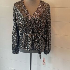 Nanette Lepore Metallic Surplice Long Sleeve Sequin Top